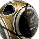 Close-up of a gold and black Champro Orbit soccer ball with a geometric pattern and white trim.