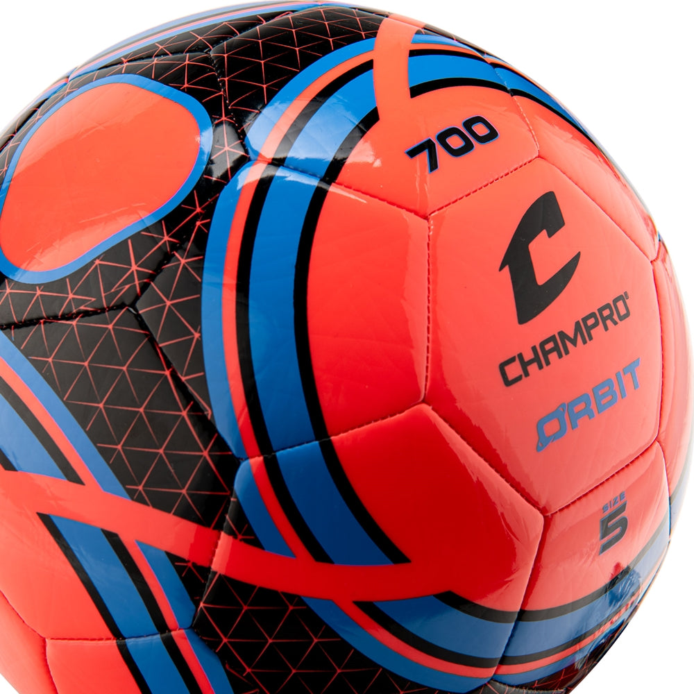 Close-up of a red and black Champro Orbit soccer ball with blue accents and the Champro Orbit branding.