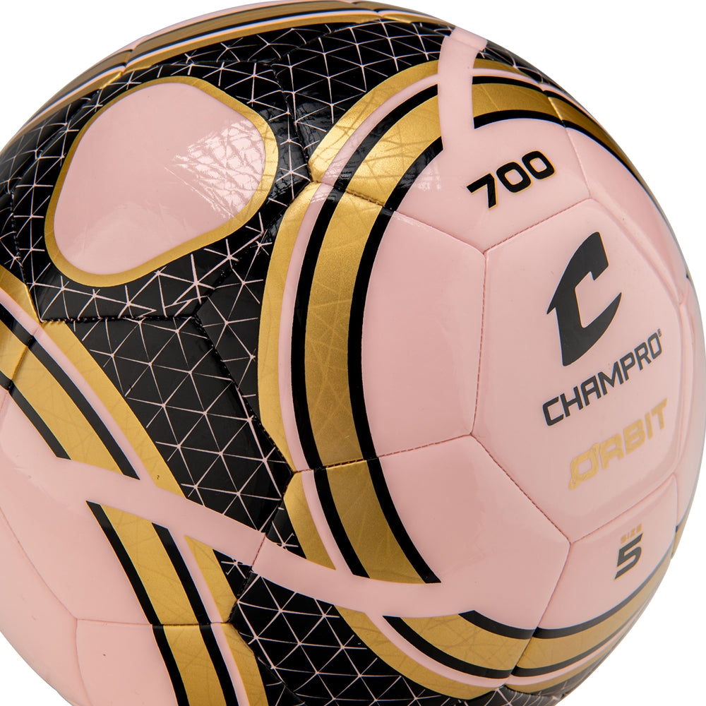 Pink Champro Orbit soccer ball with gold and black geometric panels.