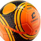 Orange Champro Orbit soccer ball with black and yellow graphic stripes and 700 mark.