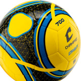 Close-up of a yellow Champro Orbit soccer ball with blue and black graphics and the 700 marking.