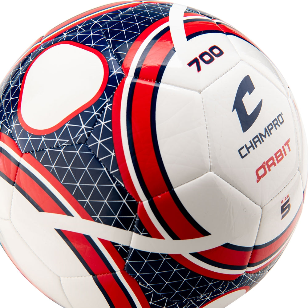 Champro Orbit soccer ball with red white and blue panels and geometric stitching