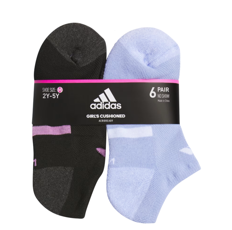 adidas Girl's Athletic Cushioned 6-Pack No Show Socks