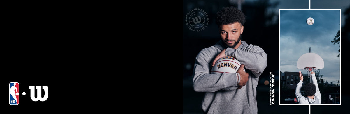A promotional banner featuring basketball player Jamal Murray in a gray hoodie holding a Denver Nuggets basketball, alongside an inset photo of him holding a basketball under a hoop, with the NBA and Wilson logo on a black background.