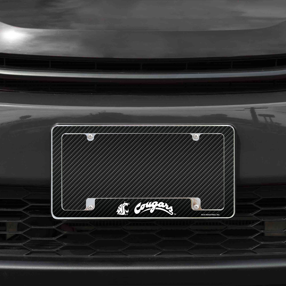 Rico Industries NCAA Washington State Cougars - WSU Carbon Fiber 12" x 6" Chrome License Plate Frame-1