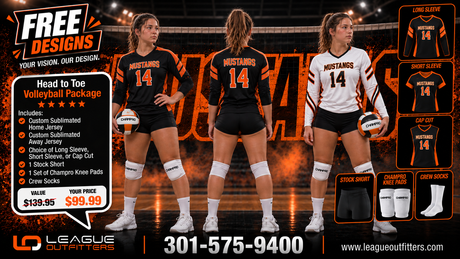 Promotional graphic for a custom head-to-toe volleyball package by LD League Outfitters, showing three female athletes in team uniforms (black with orange text and white with black text) on a basketball court background, alongside inset images of alternative sleeve and sock options.