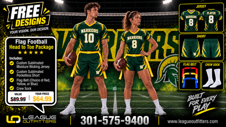 Promotional graphic for a custom 'Flag Football Head to Toe Package' by League Outfitters, showing two models (a man and a woman) wearing green and yellow basketball jerseys and shorts on a football field background. The graphic includes product details, pricing, and additional design options.