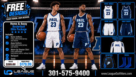 Promotional graphic for League Outfitters showing two basketball players in custom Paul jersey uniforms, with a left-side product package list, right-side uniform options, and contact information on a basketball court background.