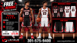 Promotional graphic for the League Outfitters Reversible Uniform Package, showing basketball player models wearing black-and-red and white-and-red reversible jerseys and shorts, with inset views of the jersey and shorts and pricing/details on a basketball court background.