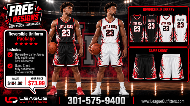 Promotional graphic for the League Outfitters Reversible Uniform Package, showing basketball player models wearing black-and-red and white-and-red reversible jerseys and shorts, with inset views of the jersey and shorts and pricing/details on a basketball court background.