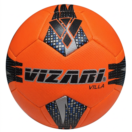 Vizari Villa soccer ball bright orange with blue gray geometric panels and logo