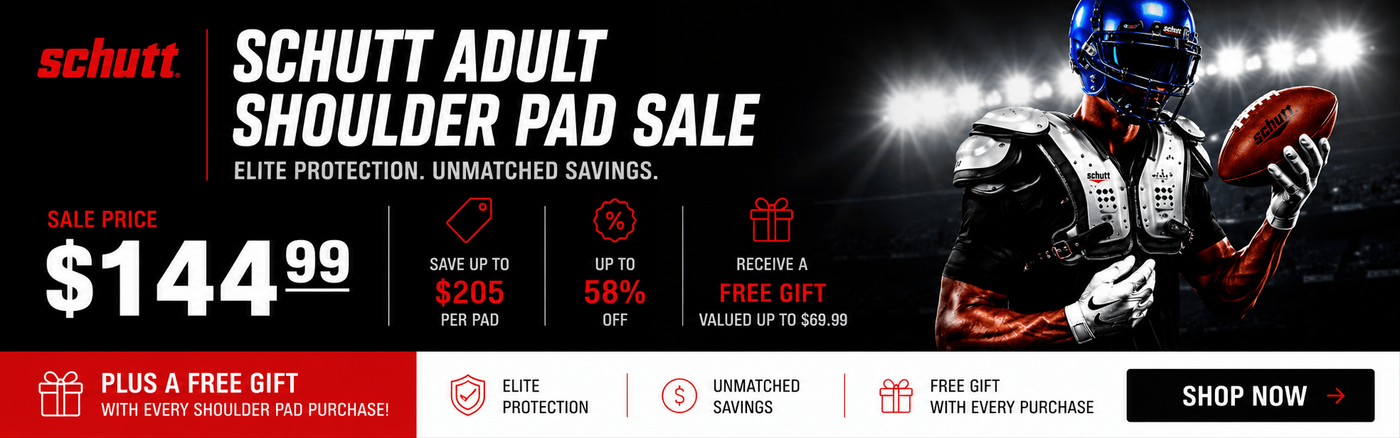 Schutt football shoulder pad sale banner with a player holding a football.