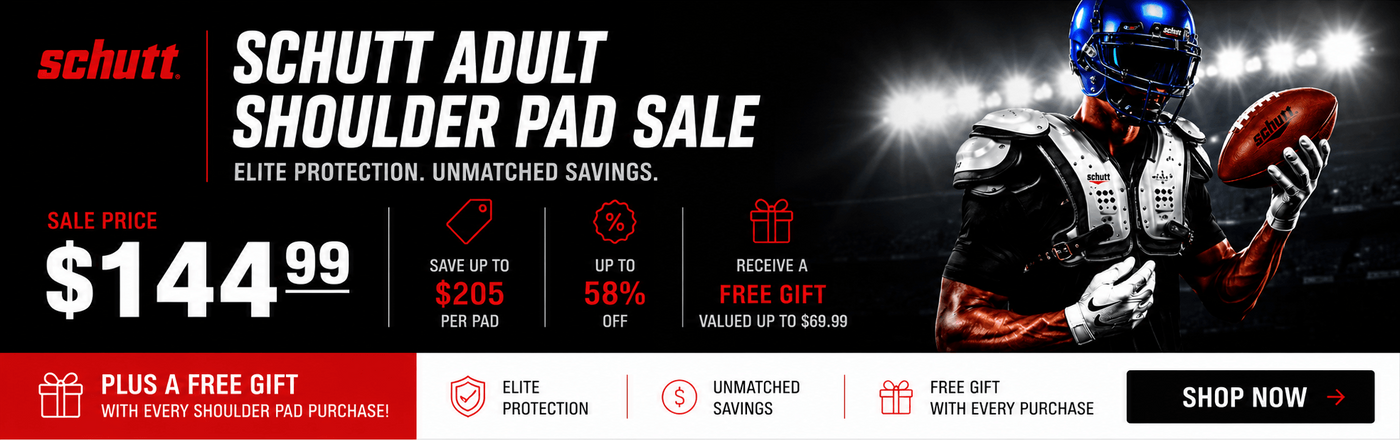 Schutt football shoulder pad sale banner with a player holding a football.
