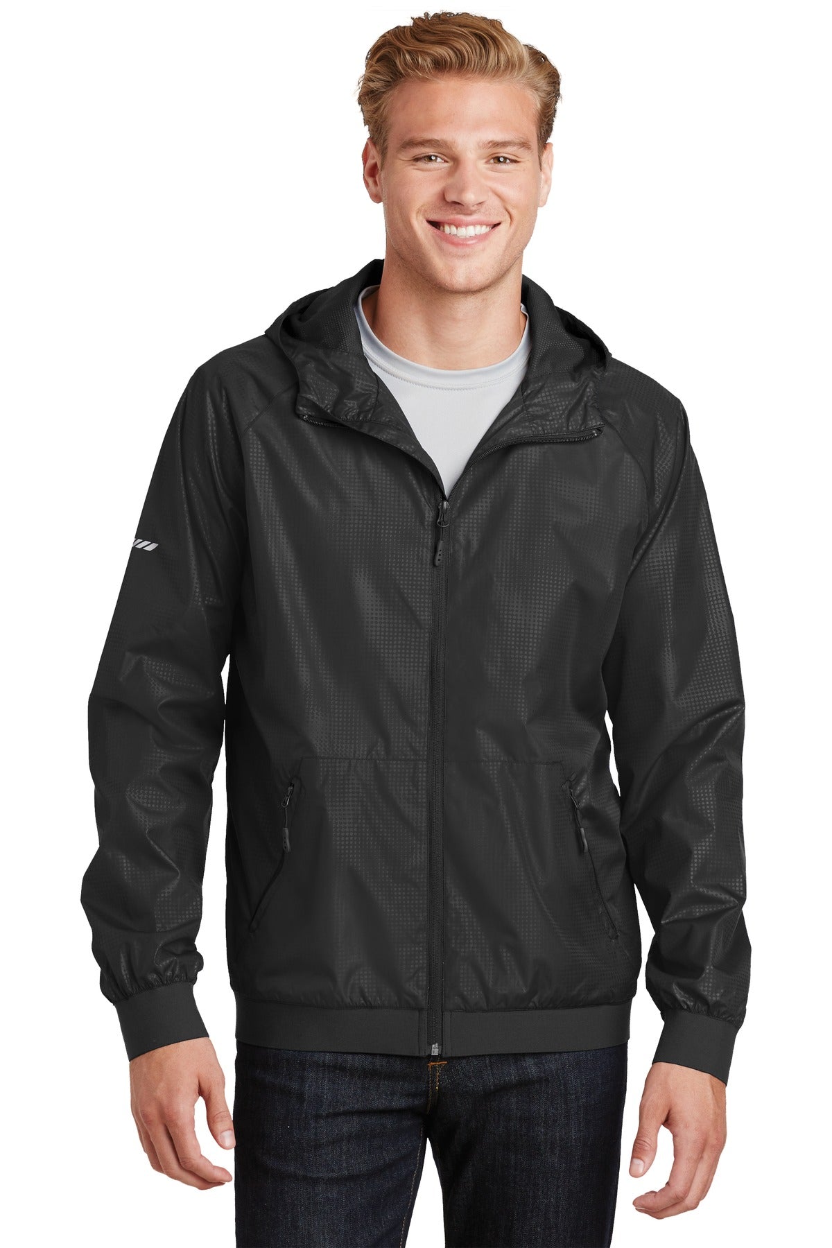 Sport-Tek Men's Embossed Hooded Wind Jacket. JST53