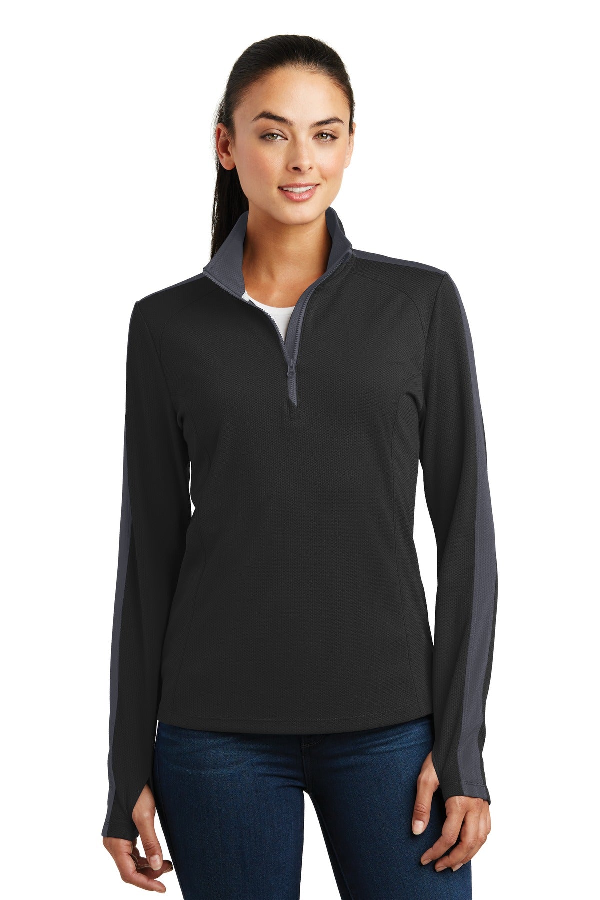 Sport-Tek Women's Sport-Wick Textured Colorblock 1/4-Zip Pullover LST861