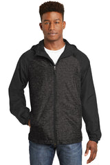 Sport-Tek Women's Heather Colorblock Raglan Hooded Wind Jacket. JST40