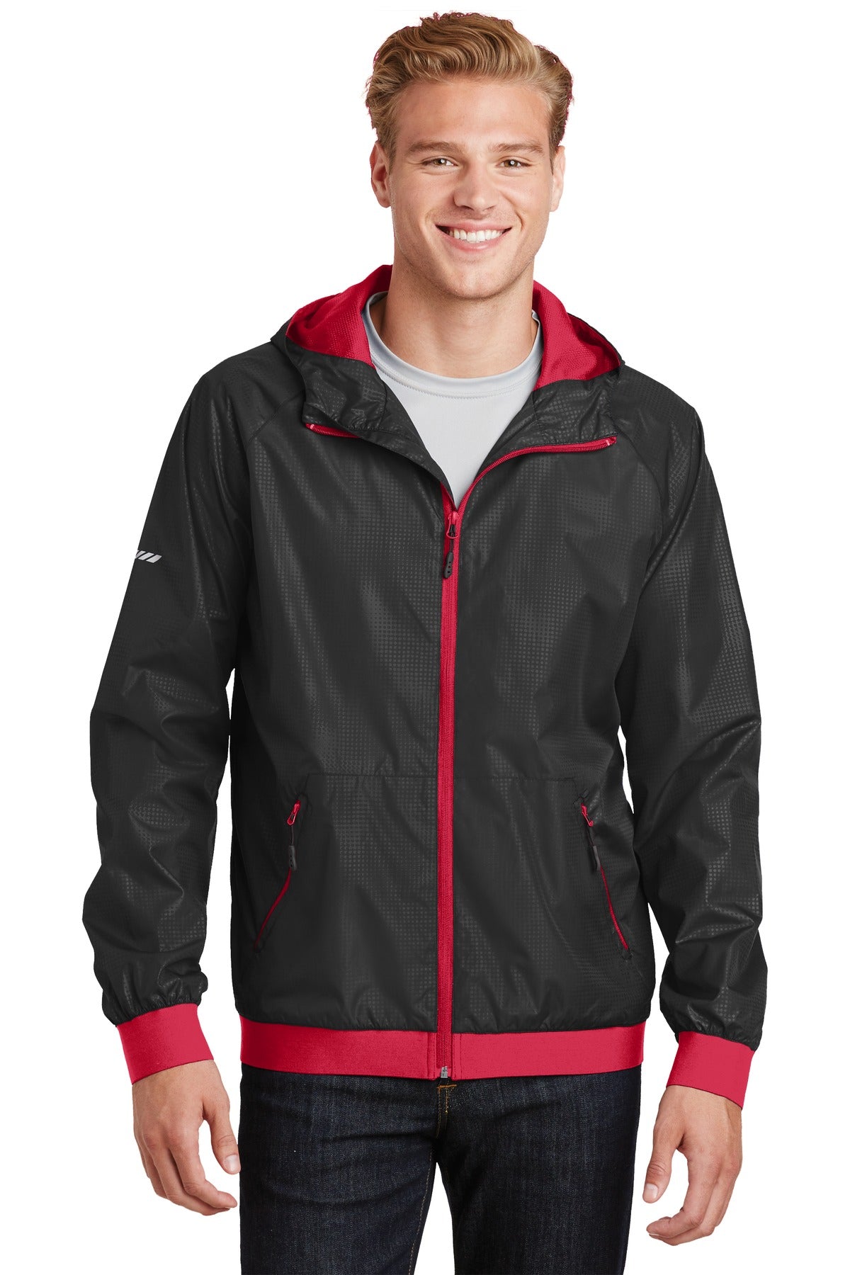 Sport-Tek Men's Embossed Hooded Wind Jacket. JST53