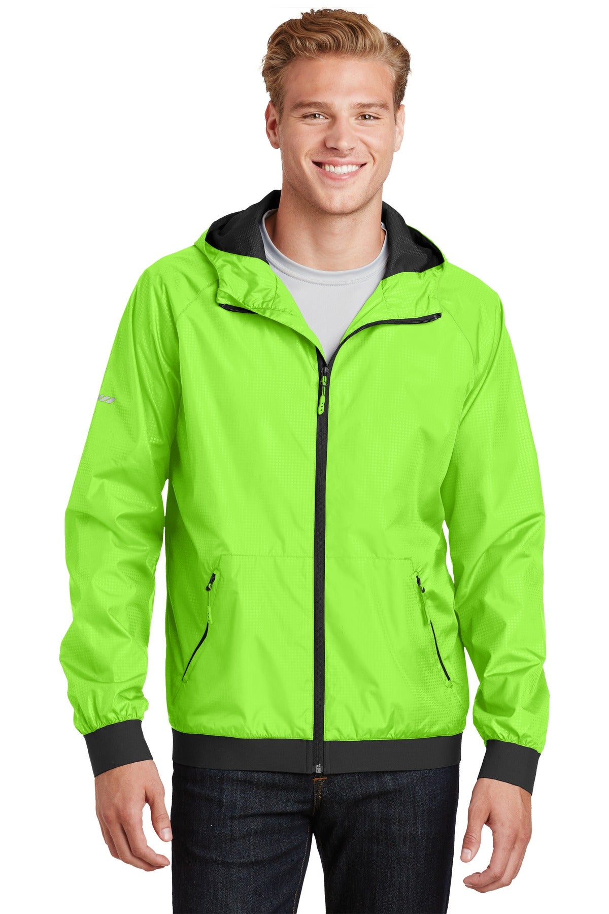 Sport-Tek Men's Embossed Hooded Wind Jacket. JST53