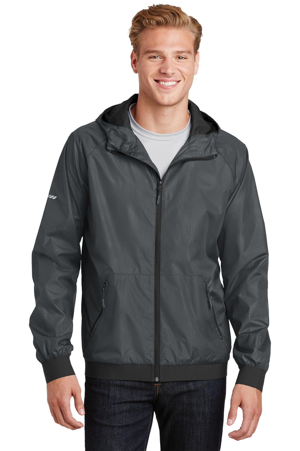 Sport-Tek Men's Embossed Hooded Wind Jacket. JST53