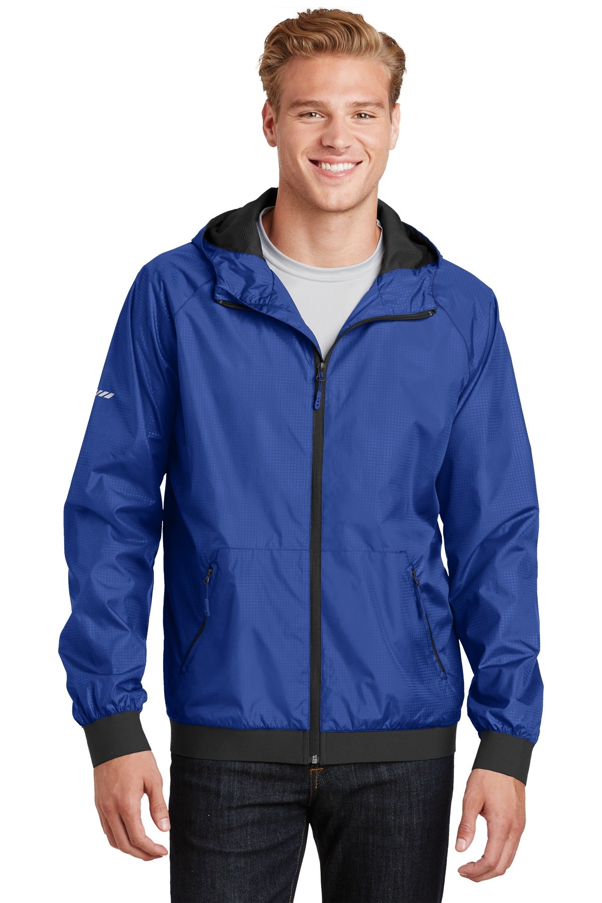 Sport-Tek Men's Embossed Hooded Wind Jacket. JST53