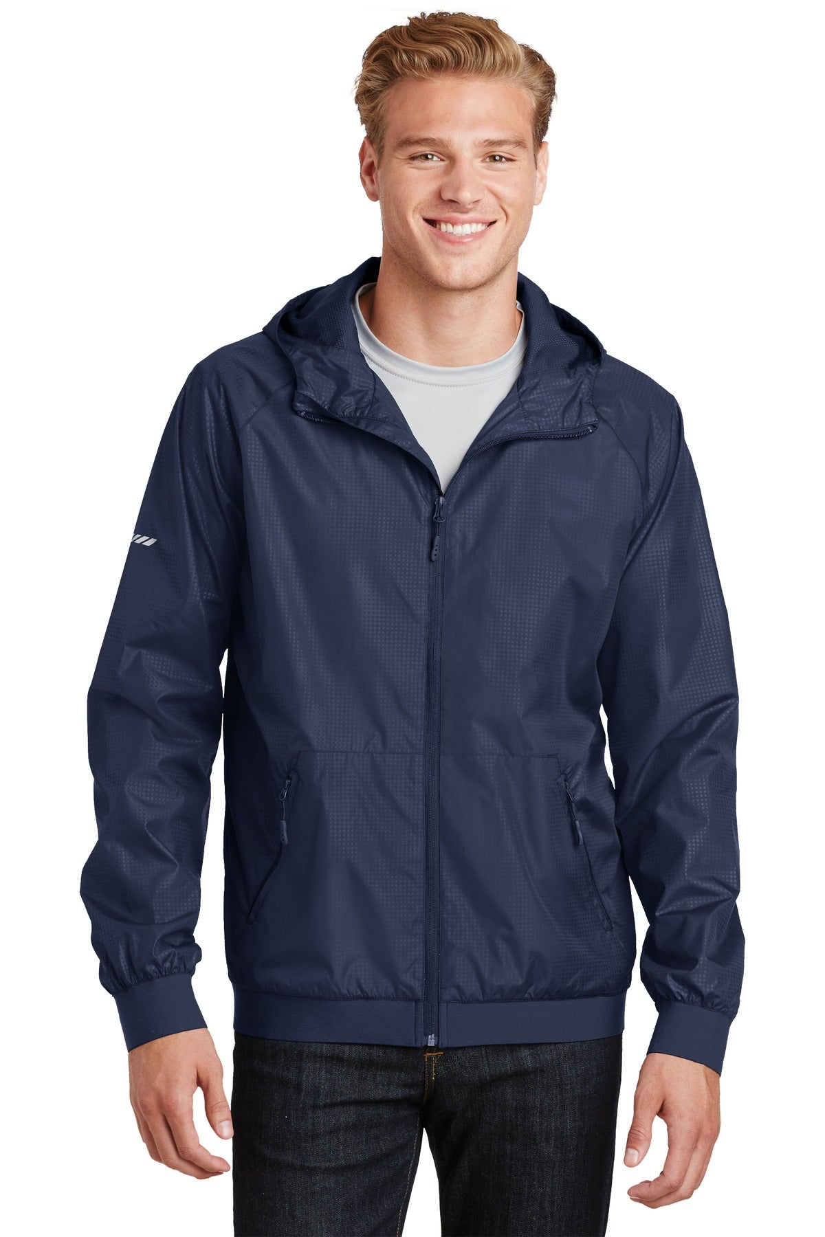 Sport-Tek Men's Embossed Hooded Wind Jacket. JST53