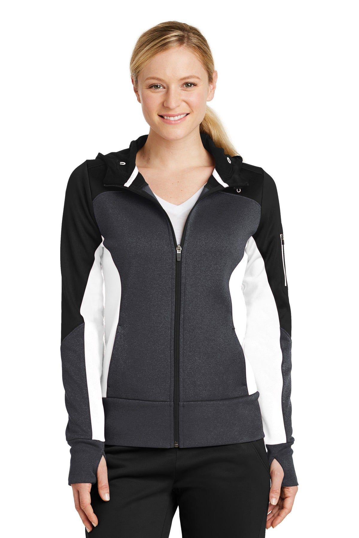 Sport-Tek Women's Tech Fleece Colorblock Full-Zip Hooded Jacket. LST245