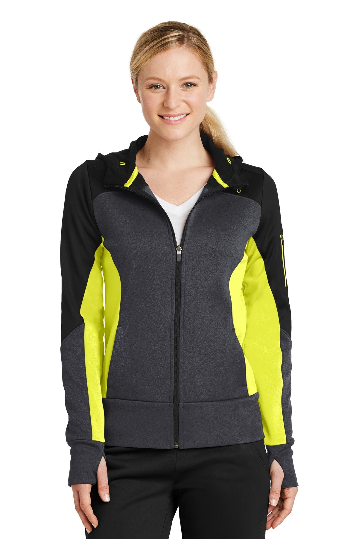 Sport-Tek Women's Tech Fleece Colorblock Full-Zip Hooded Jacket. LST245