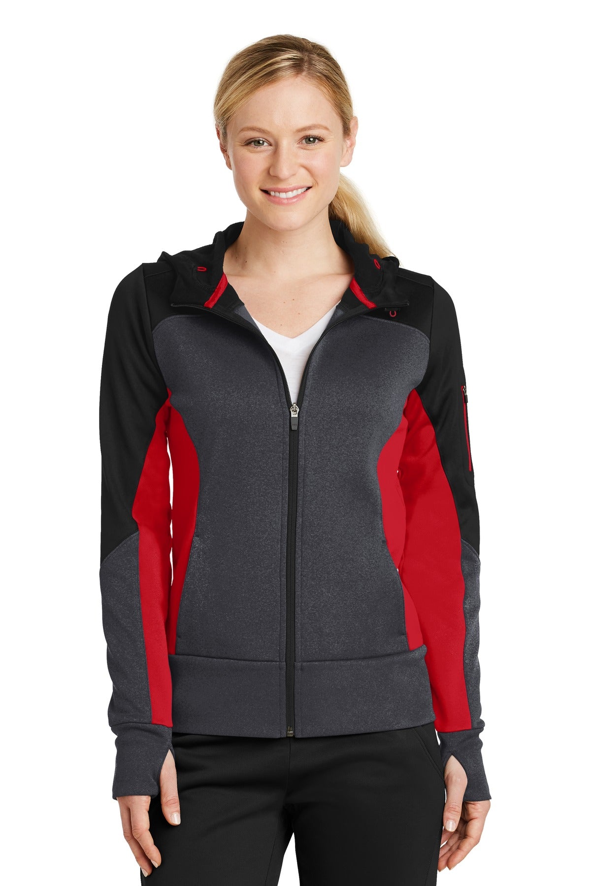 Sport-Tek Women's Tech Fleece Colorblock Full-Zip Hooded Jacket. LST245