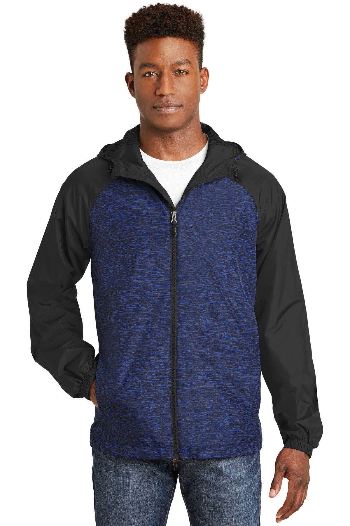 Sport-Tek Women's Heather Colorblock Raglan Hooded Wind Jacket. JST40
