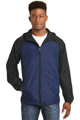 Sport-Tek Women's Heather Colorblock Raglan Hooded Wind Jacket. JST40