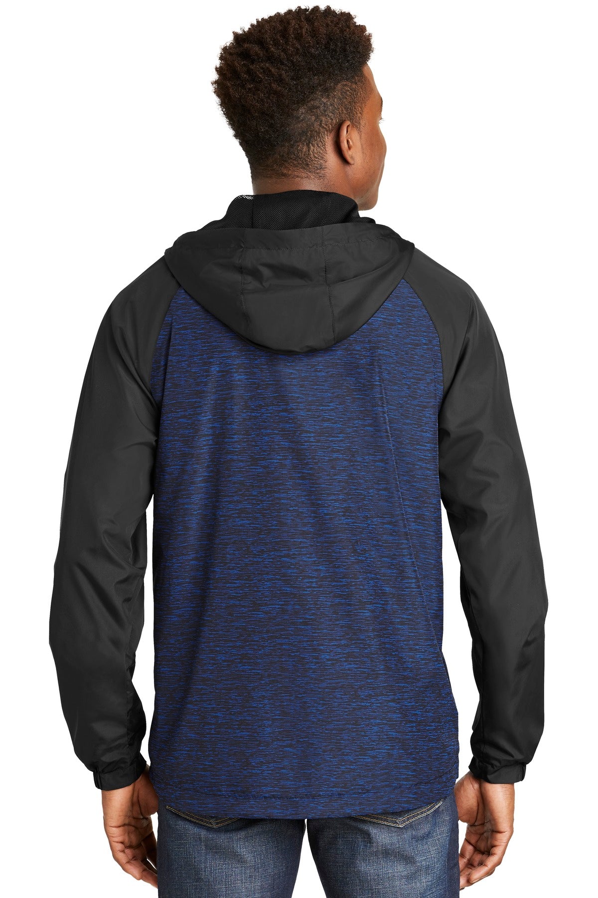 Sport-Tek Women's Heather Colorblock Raglan Hooded Wind Jacket. JST40