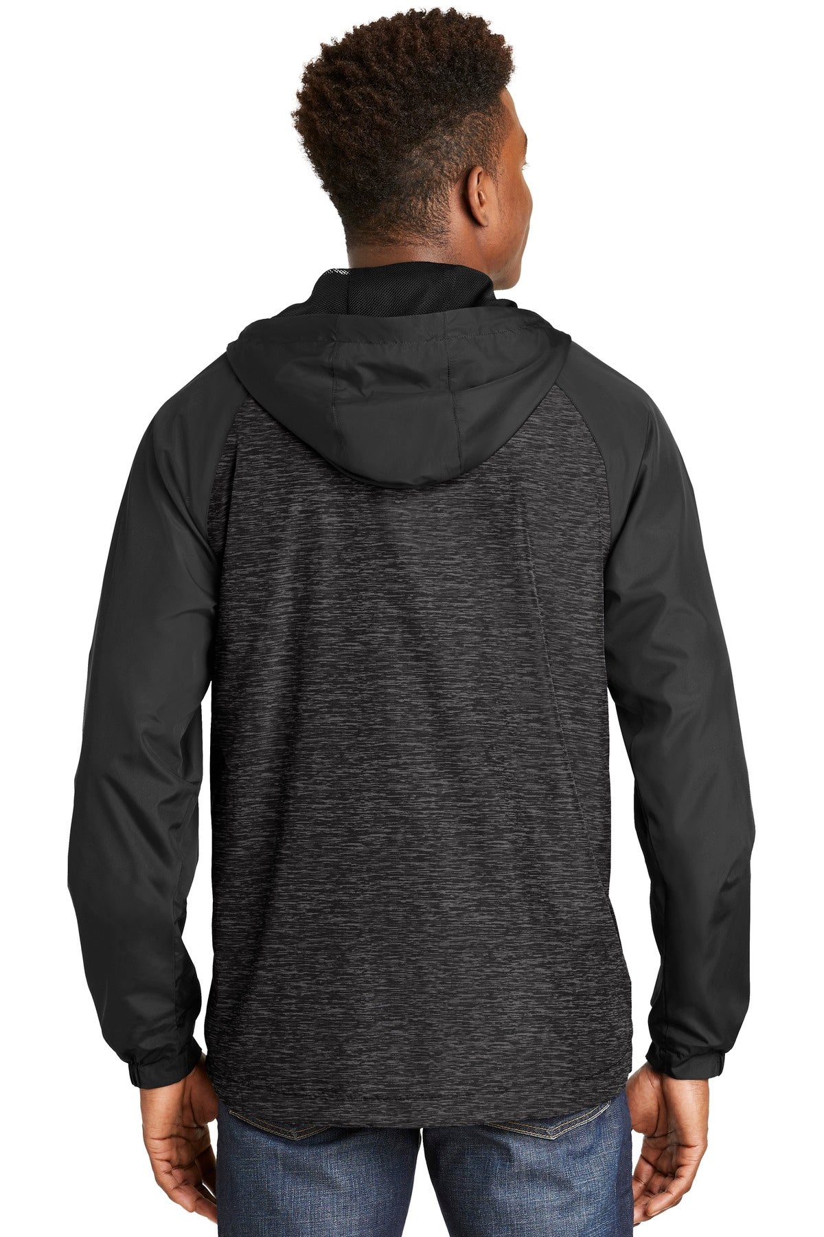 Sport-Tek Women's Heather Colorblock Raglan Hooded Wind Jacket. JST40
