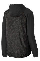 Sport-Tek Women's Heather Colorblock Raglan Hooded Wind Jacket. JST40