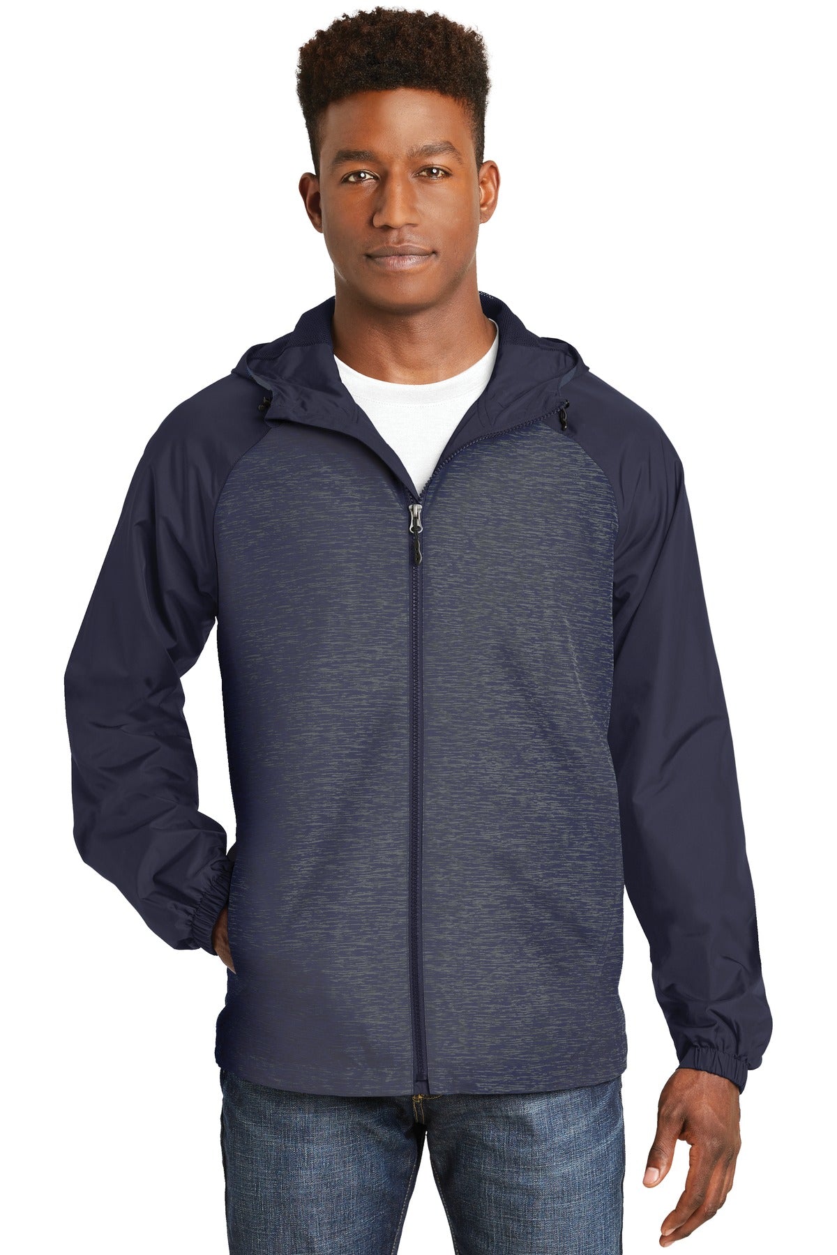 Sport-Tek Women's Heather Colorblock Raglan Hooded Wind Jacket. JST40