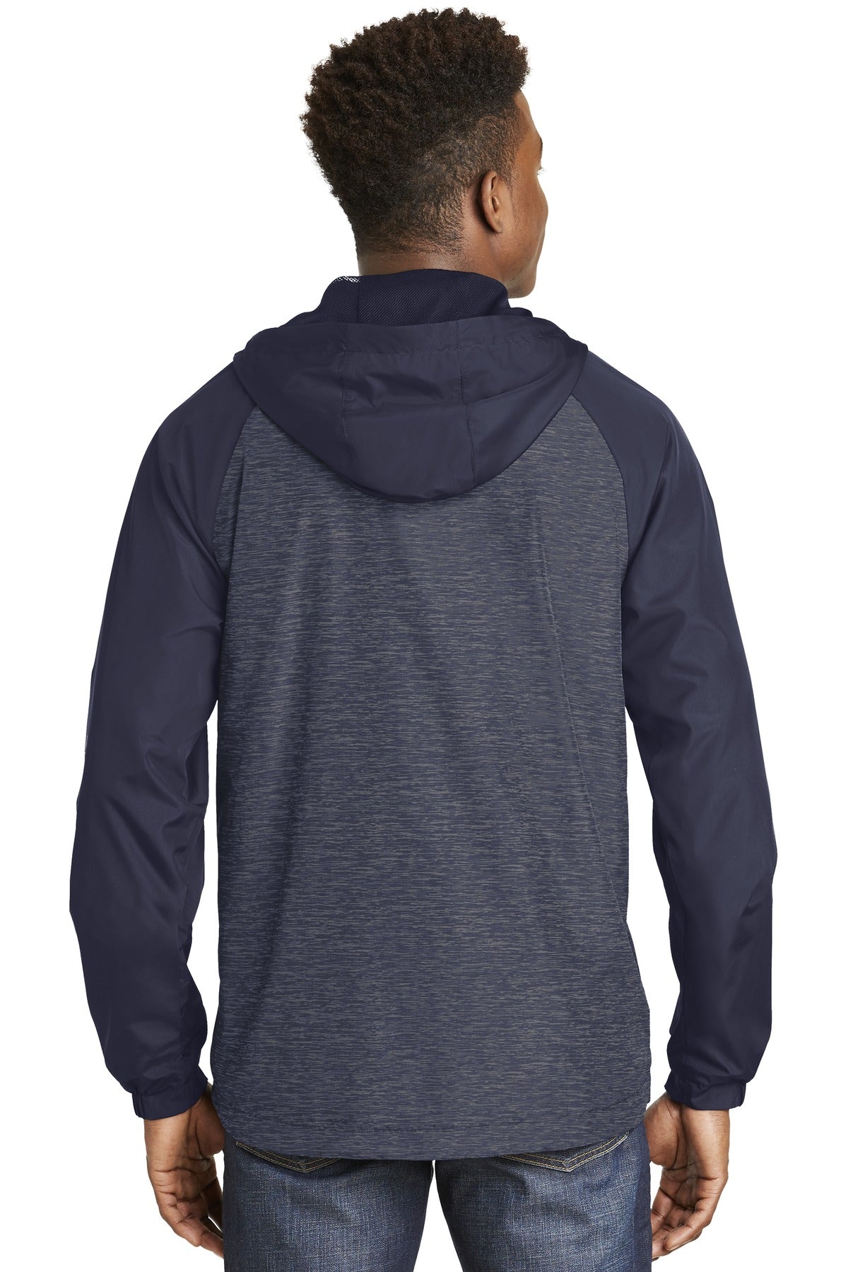 Sport-Tek Women's Heather Colorblock Raglan Hooded Wind Jacket. JST40