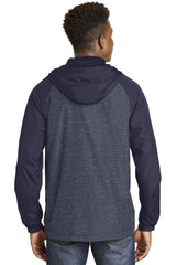 Sport-Tek Women's Heather Colorblock Raglan Hooded Wind Jacket. JST40