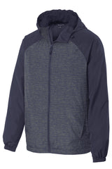 Sport-Tek Women's Heather Colorblock Raglan Hooded Wind Jacket. JST40