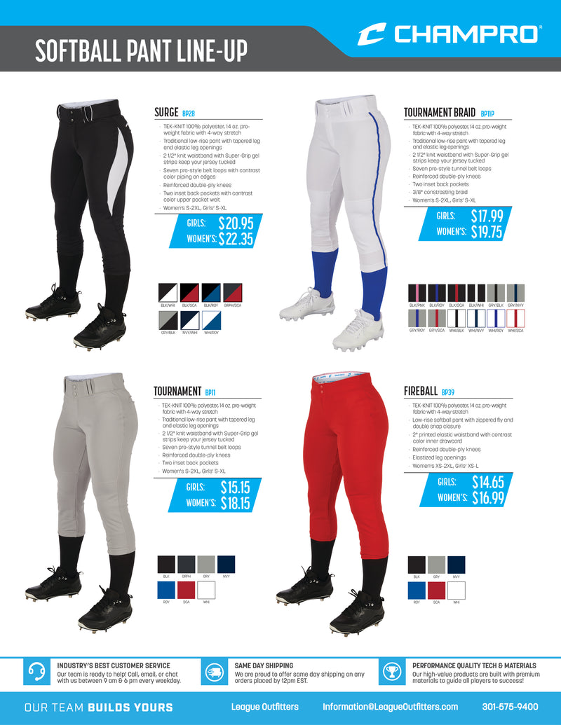 NEW Champro Women's Fireball Softball Pants - All Colors / Sizes (BP39)